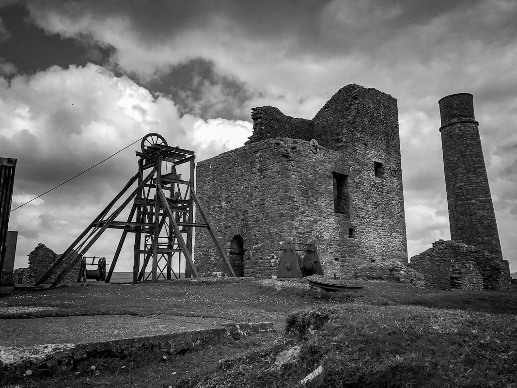 Black and white view of Magpie Mine, abandoned lead mine near Bakewell, Peak District